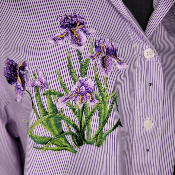 Striped button down shirt with purple irises - Picture 4 of 7